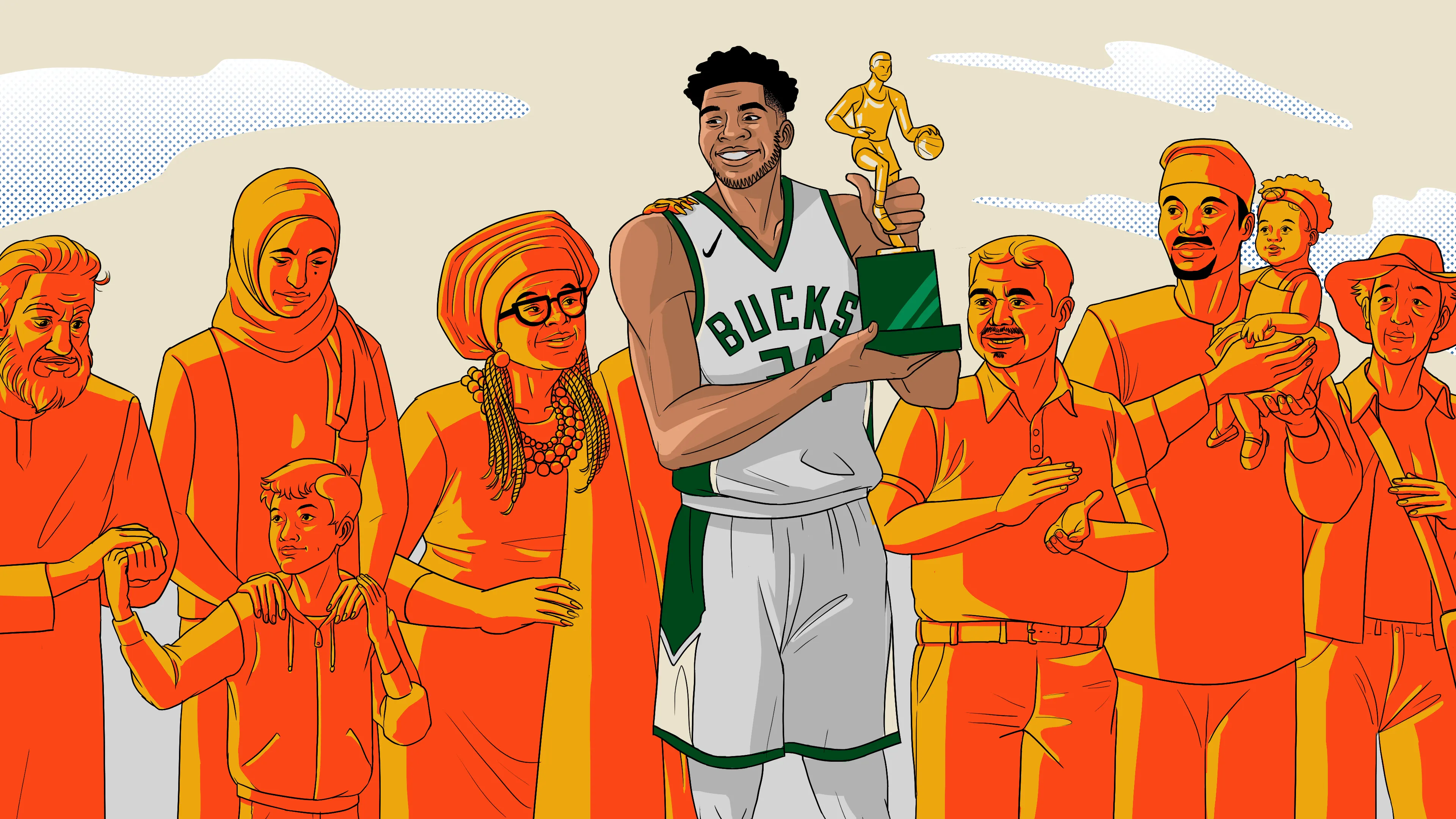 Giannis Antetokounmpo holding a trophy among orange basketball silhouettes.