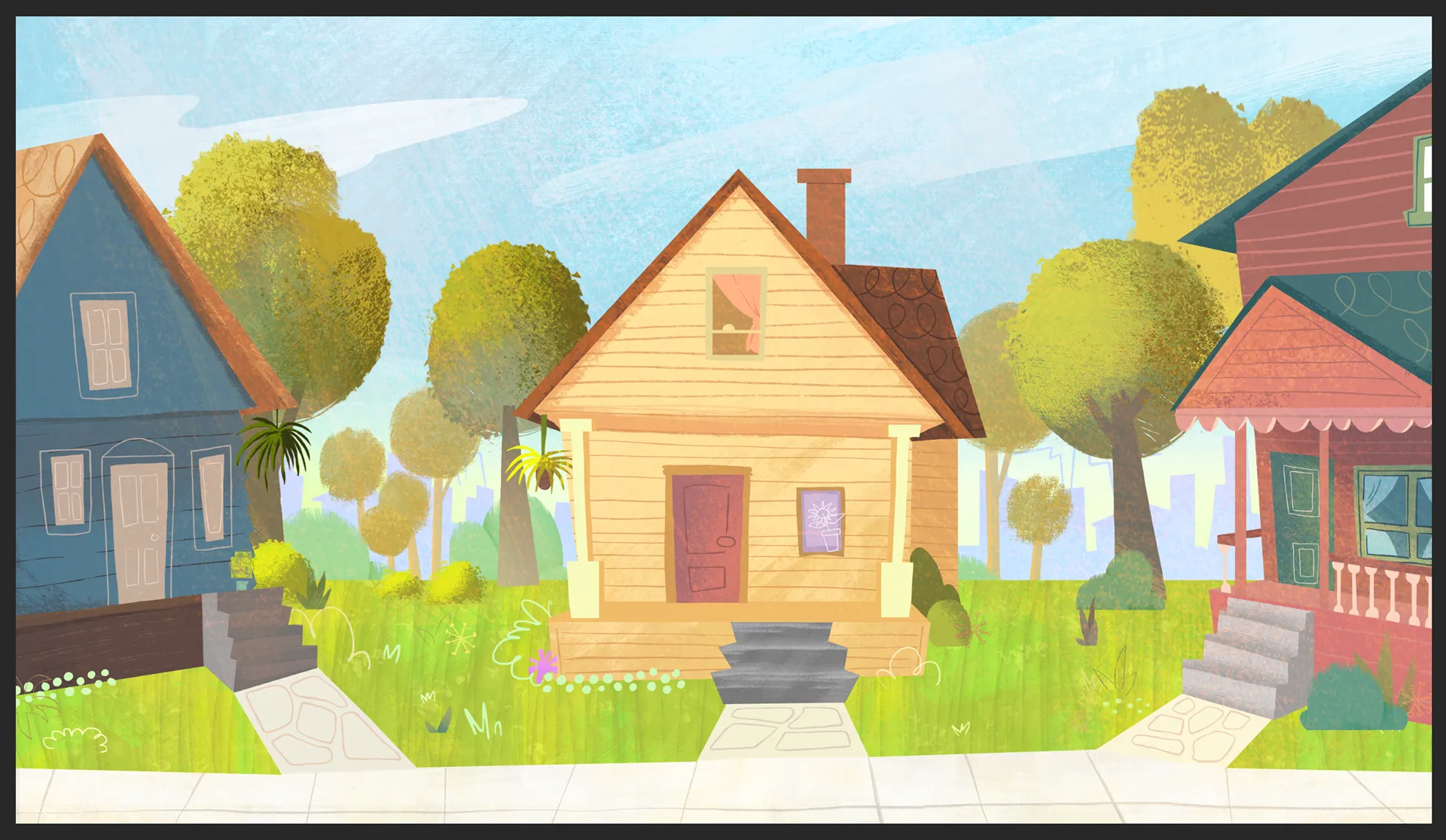 A painted suburban neighborhood scene from Disney’s Rise Up, Sing Out.