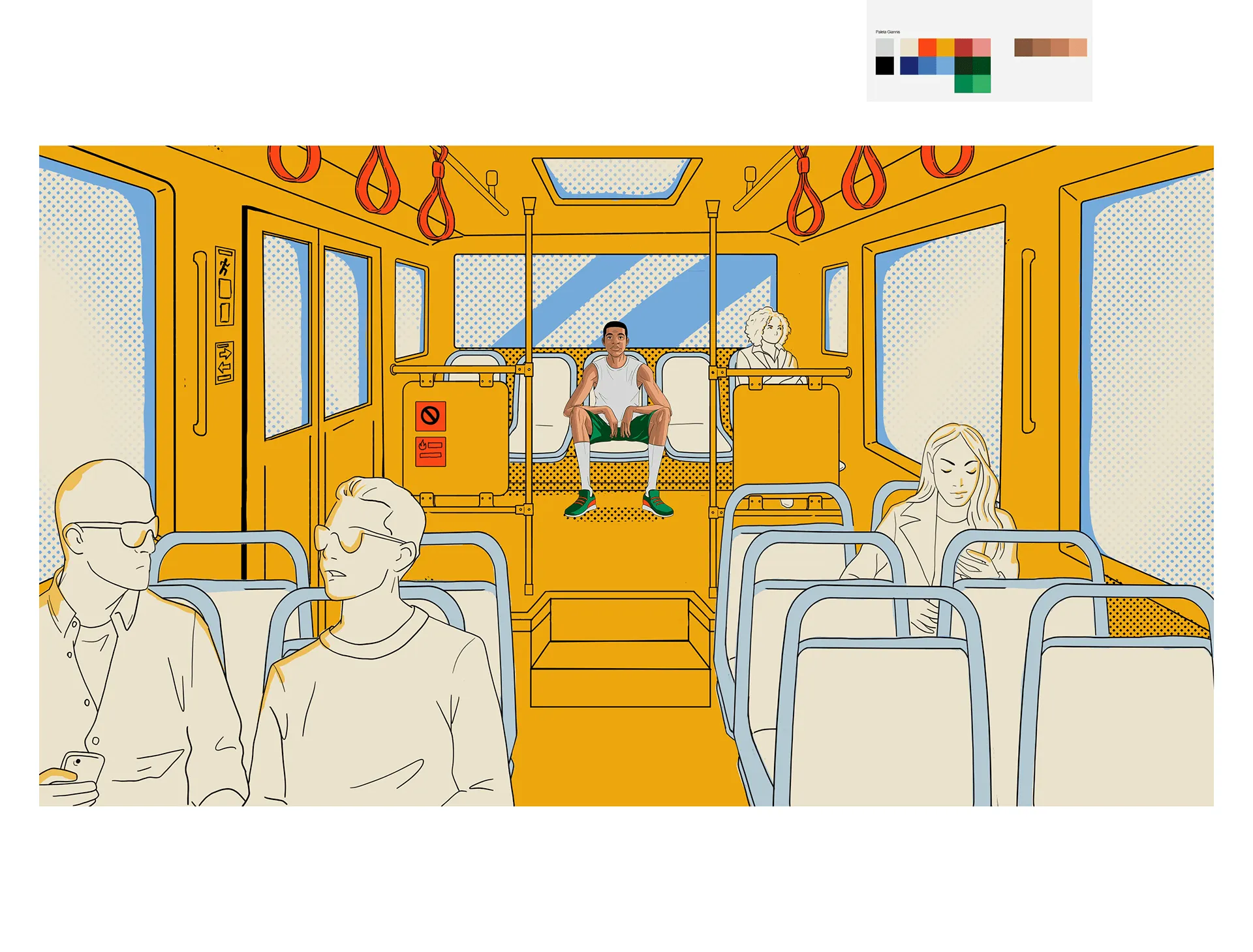 Giannis seated at the back of a yellow bus in a JBL style frame.