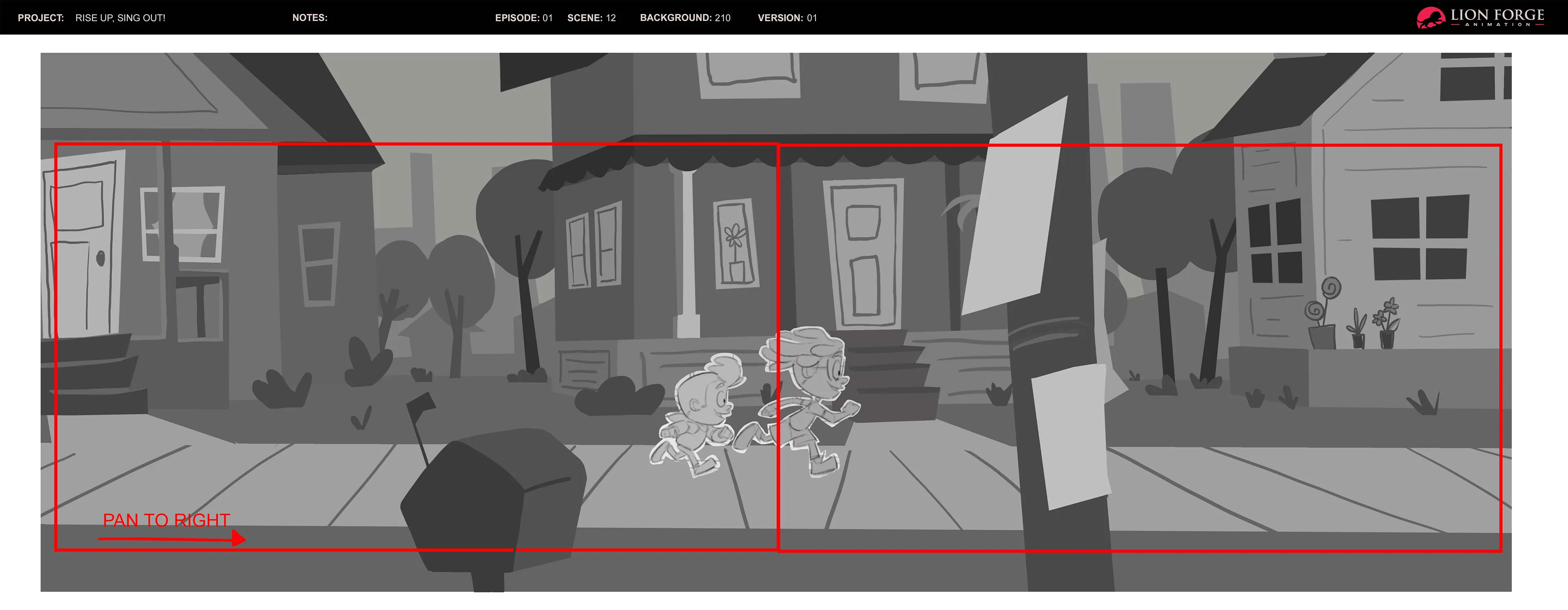 A wide progression from storyboard panels to a painted neighborhood background.