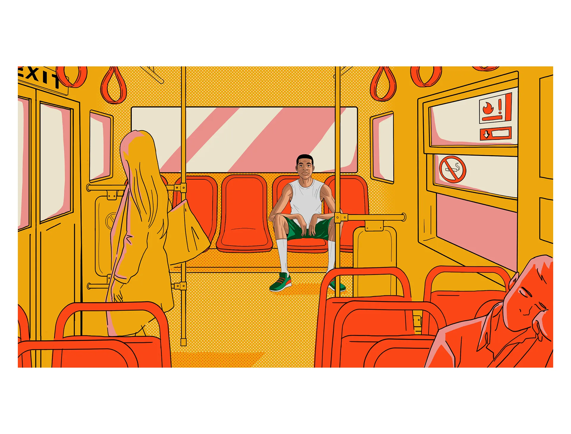 A yellow and orange bus interior with Giannis seated among passengers.