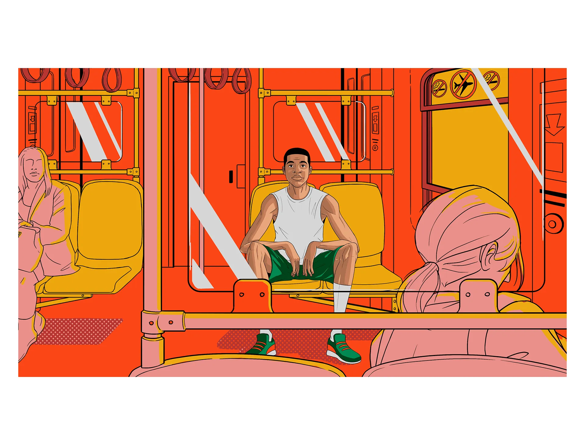 Giannis seen through the window of a red and orange bus.