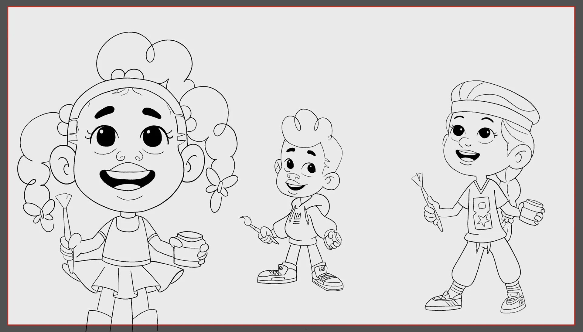 A grayscale storyboard sequence showing characters moving through a neighborhood.