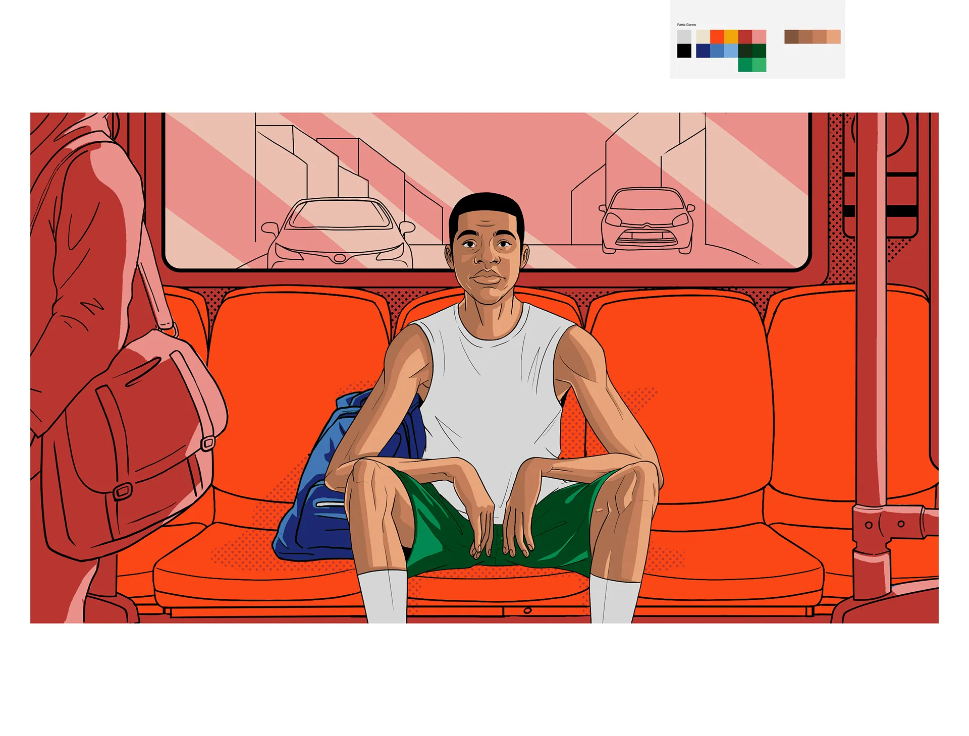 Giannis seated among passengers on a red bus.
