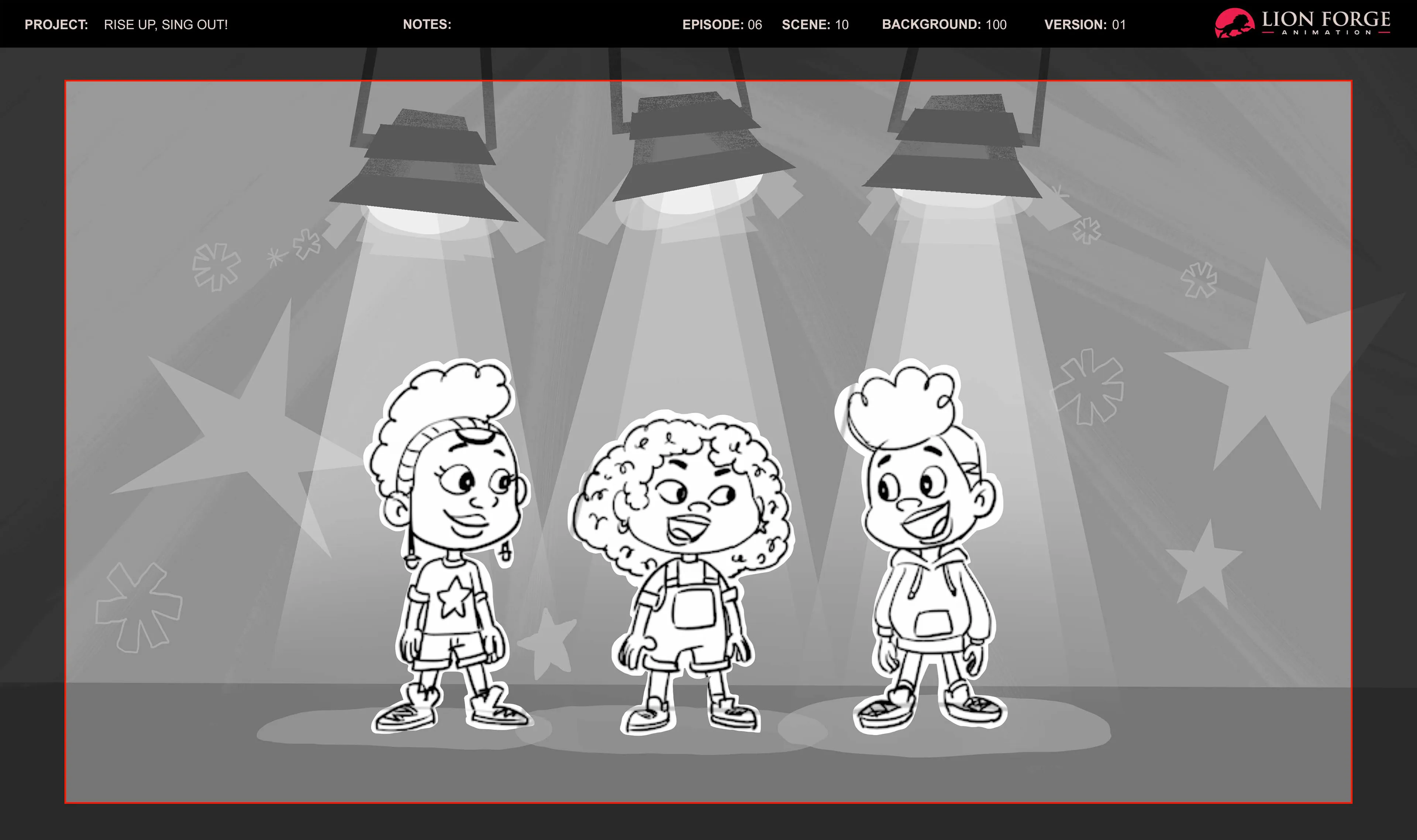 Three visual-development boards combining layouts, character sketches, and lighting studies.