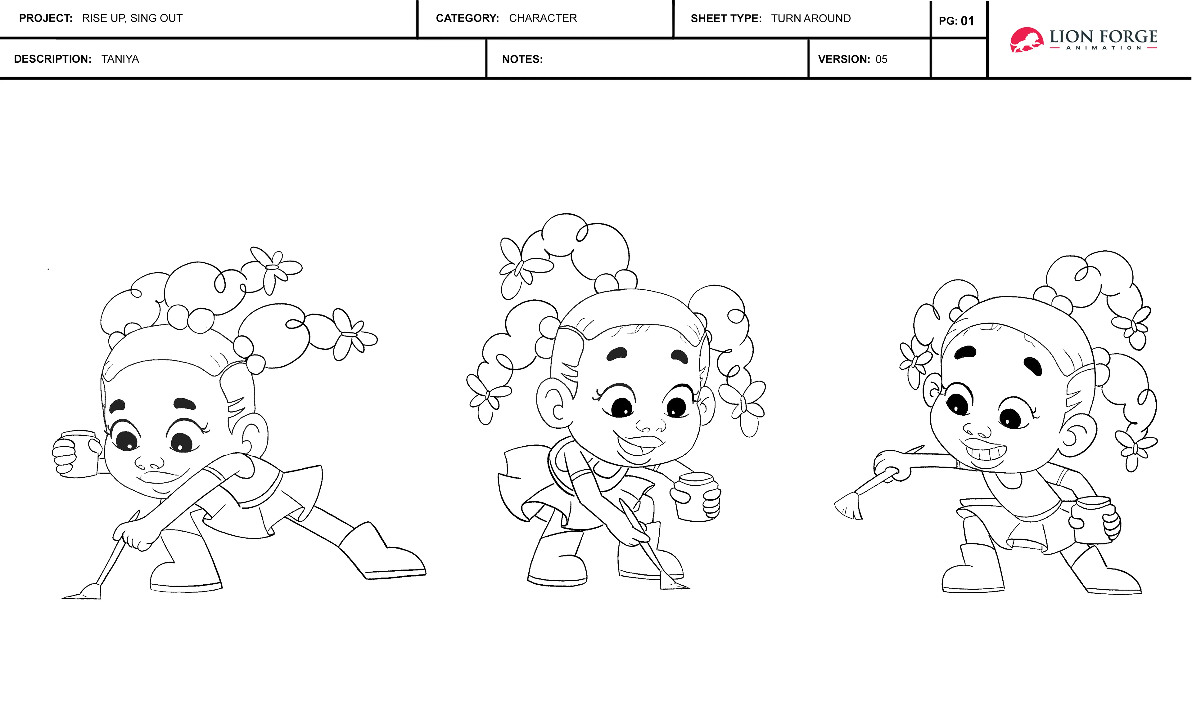 Character expression and pose drawings arranged as an animation reference sheet.
