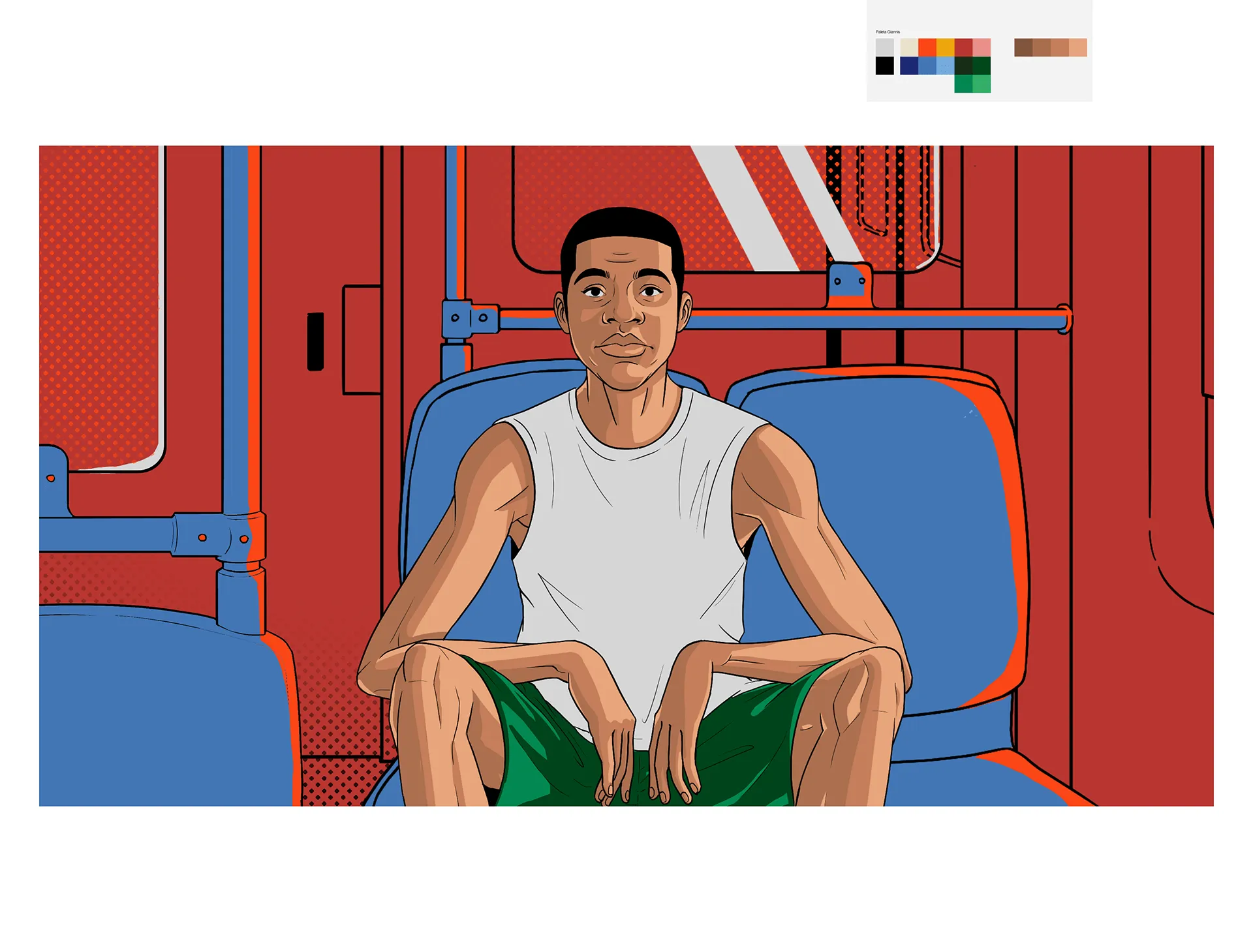 Giannis seated against a red and blue bus interior.