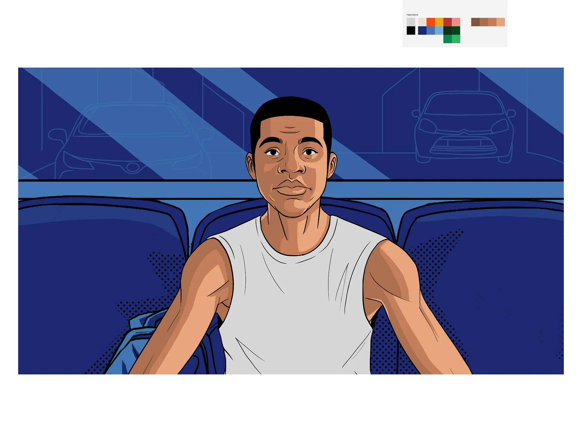 A close-up of Giannis against a deep blue bus interior.