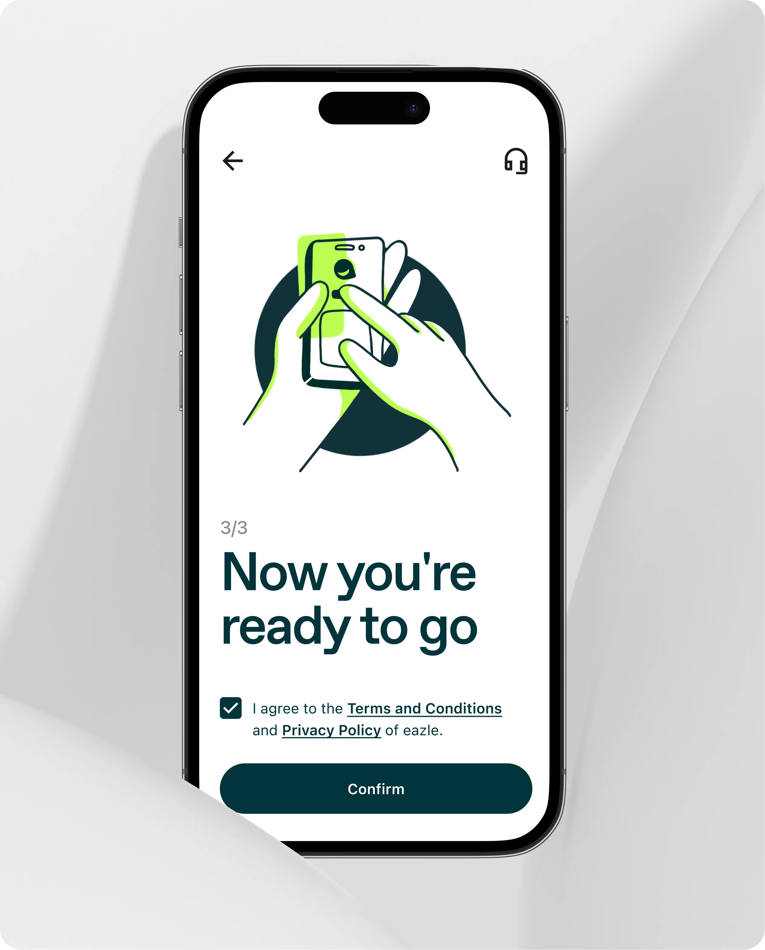 Eazle onboarding illustration and confirmation screen shown in a phone mockup.