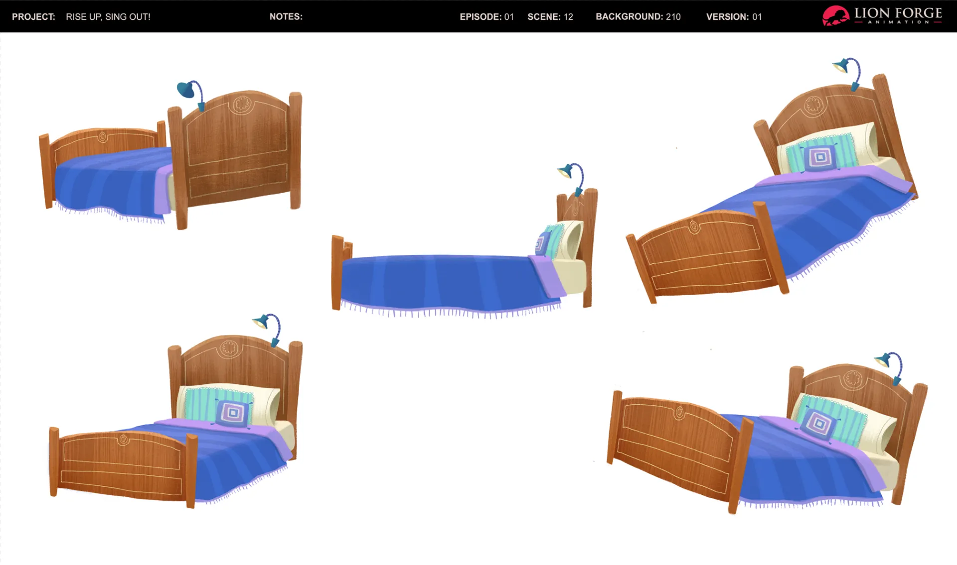 A background layout sheet showing the bedroom from several angles.