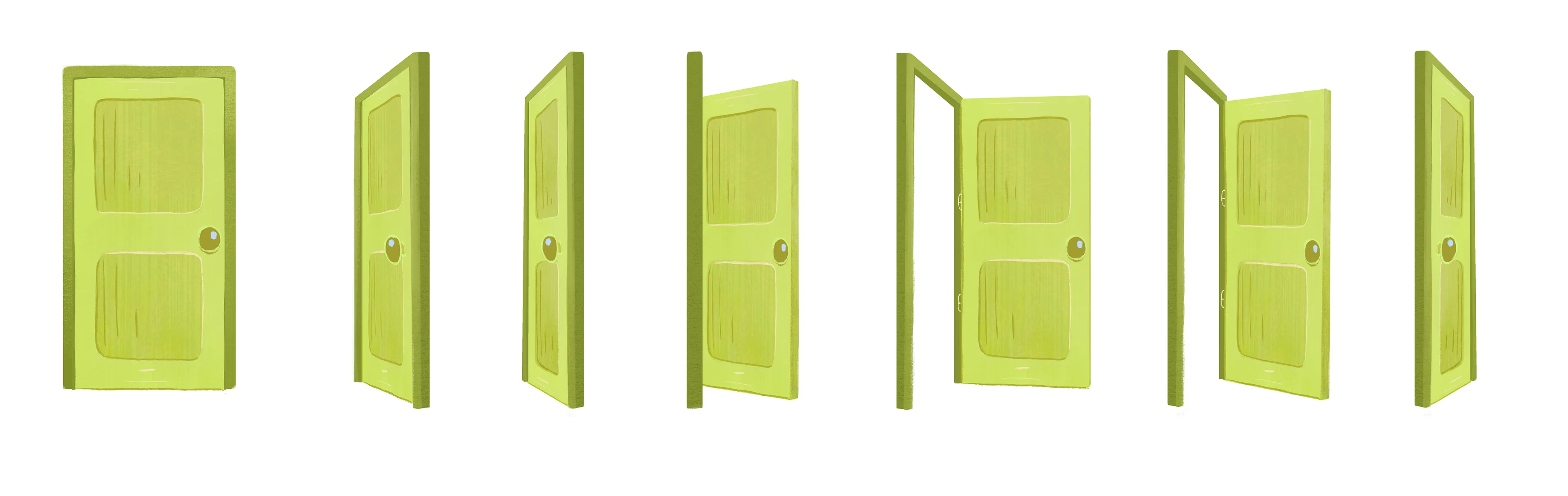 A horizontal visual-development sequence showing a green door opening in stages.