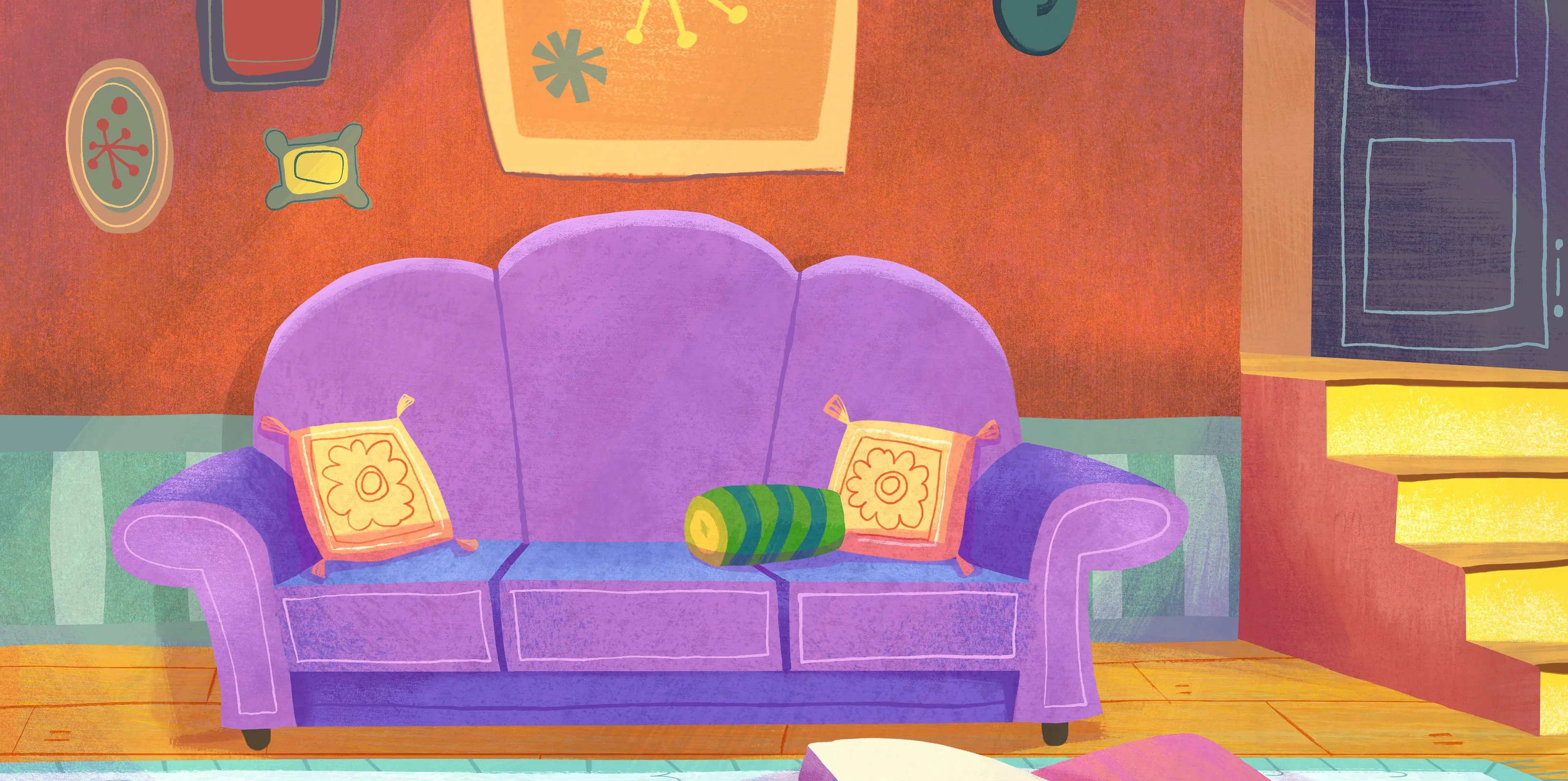 A colorful painted living room with a purple sofa and warm orange walls.