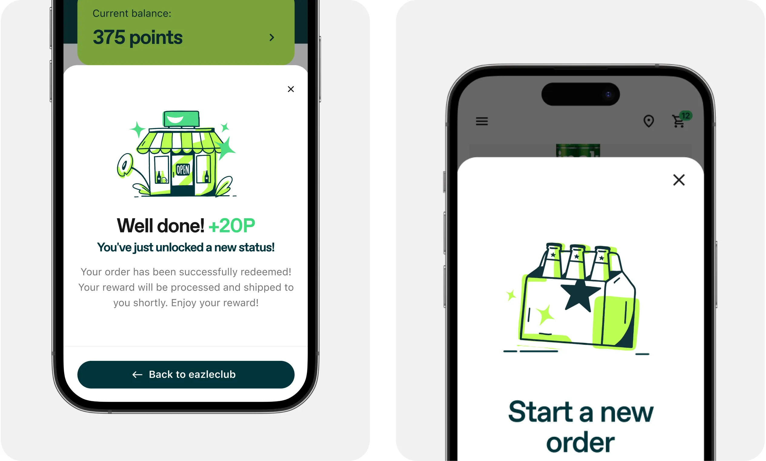 Two Eazle rewards interface screens using branded illustrations.