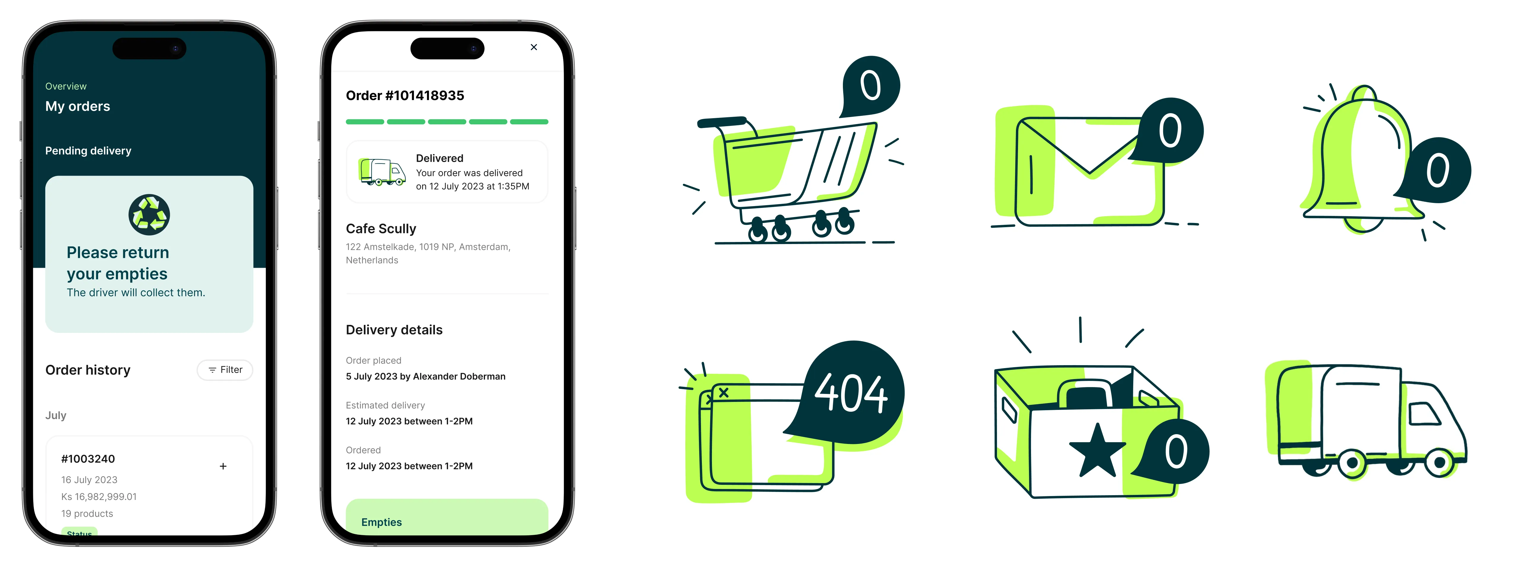 Eazle order screens paired with cart, message, notification, error, package and delivery illustrations.