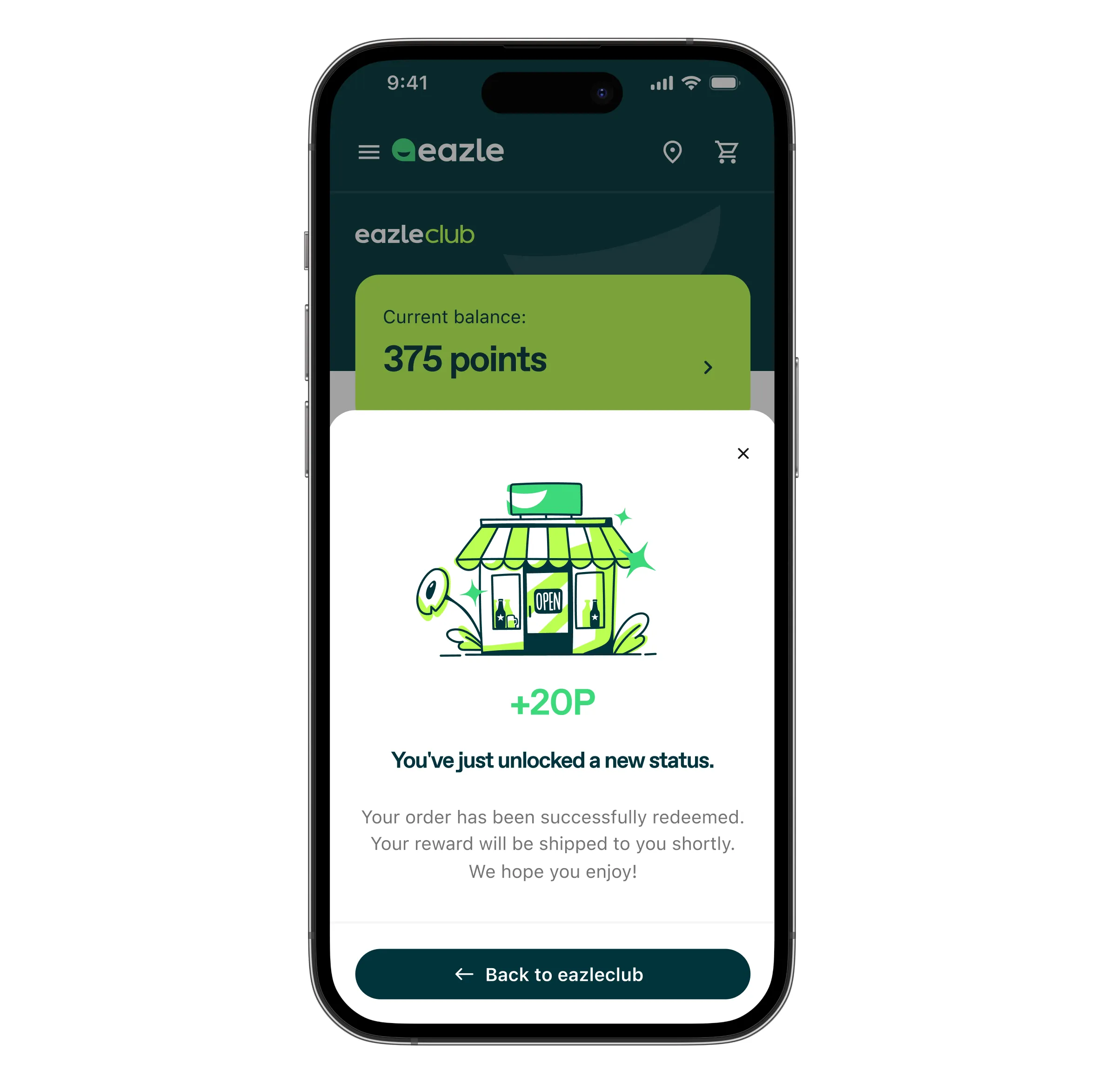 Eazle rewards screen showing a new storefront status unlocked on a phone.