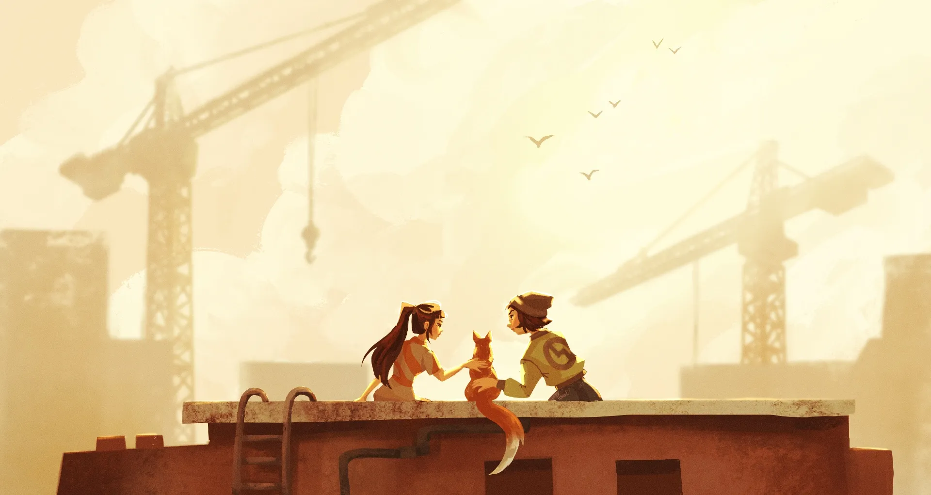 Warm sunlight falls across a rooftop where a person sits with a cat.