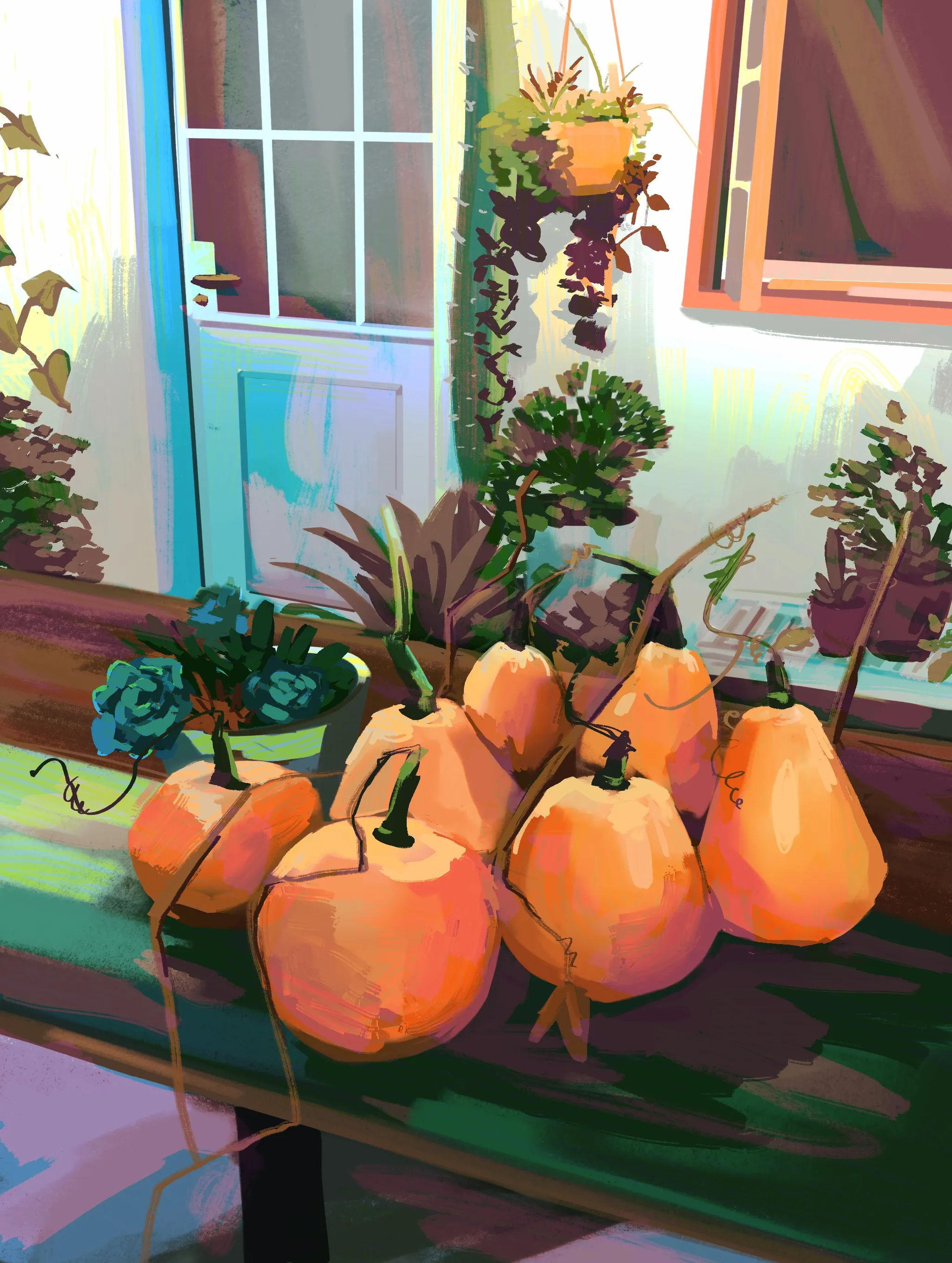 A pumpkin harvest displayed outside a sunlit shop.