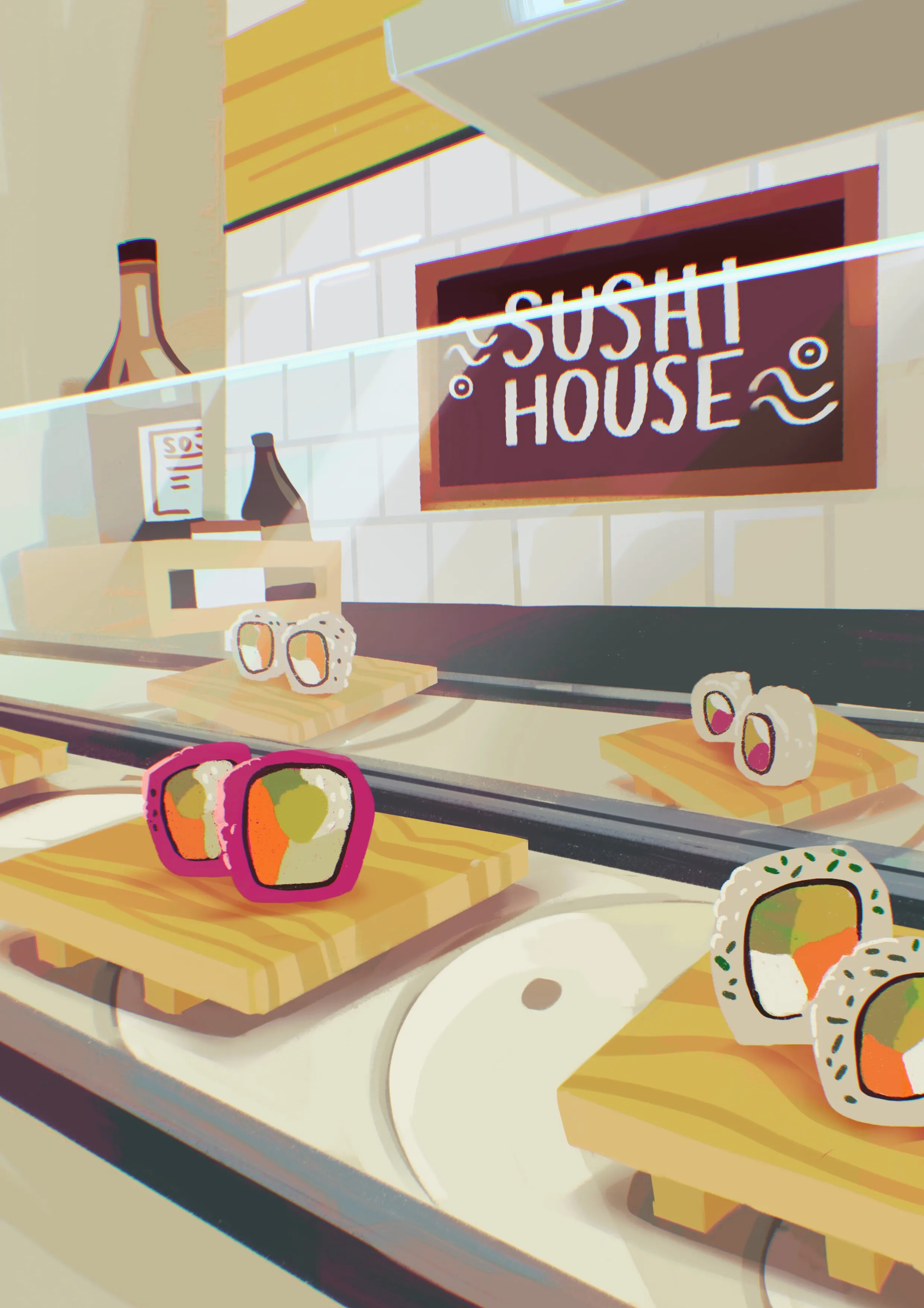 An illustrated Japanese sushi shop with yellow signage.