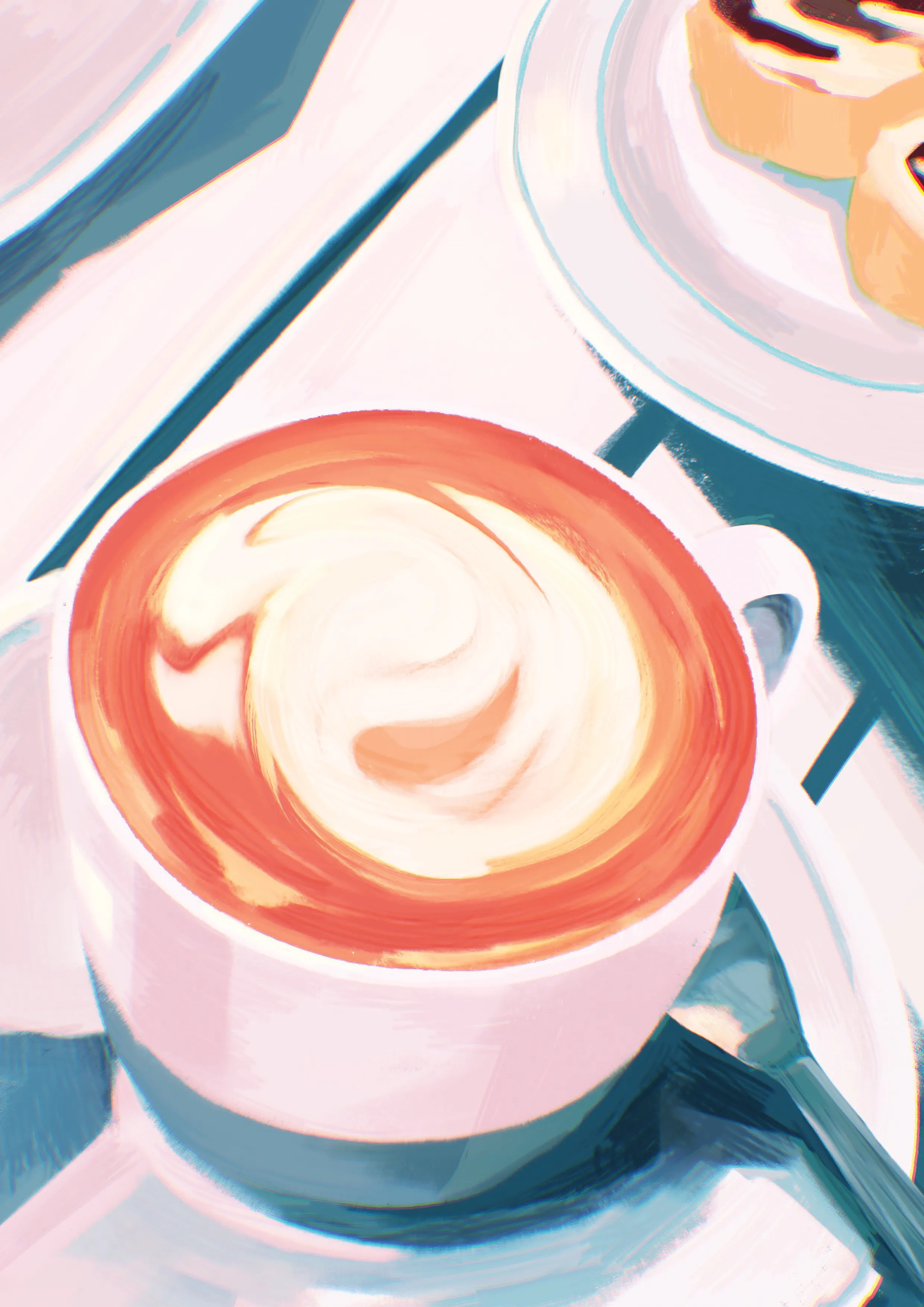 An overhead view of a pink coffee cup and breakfast.