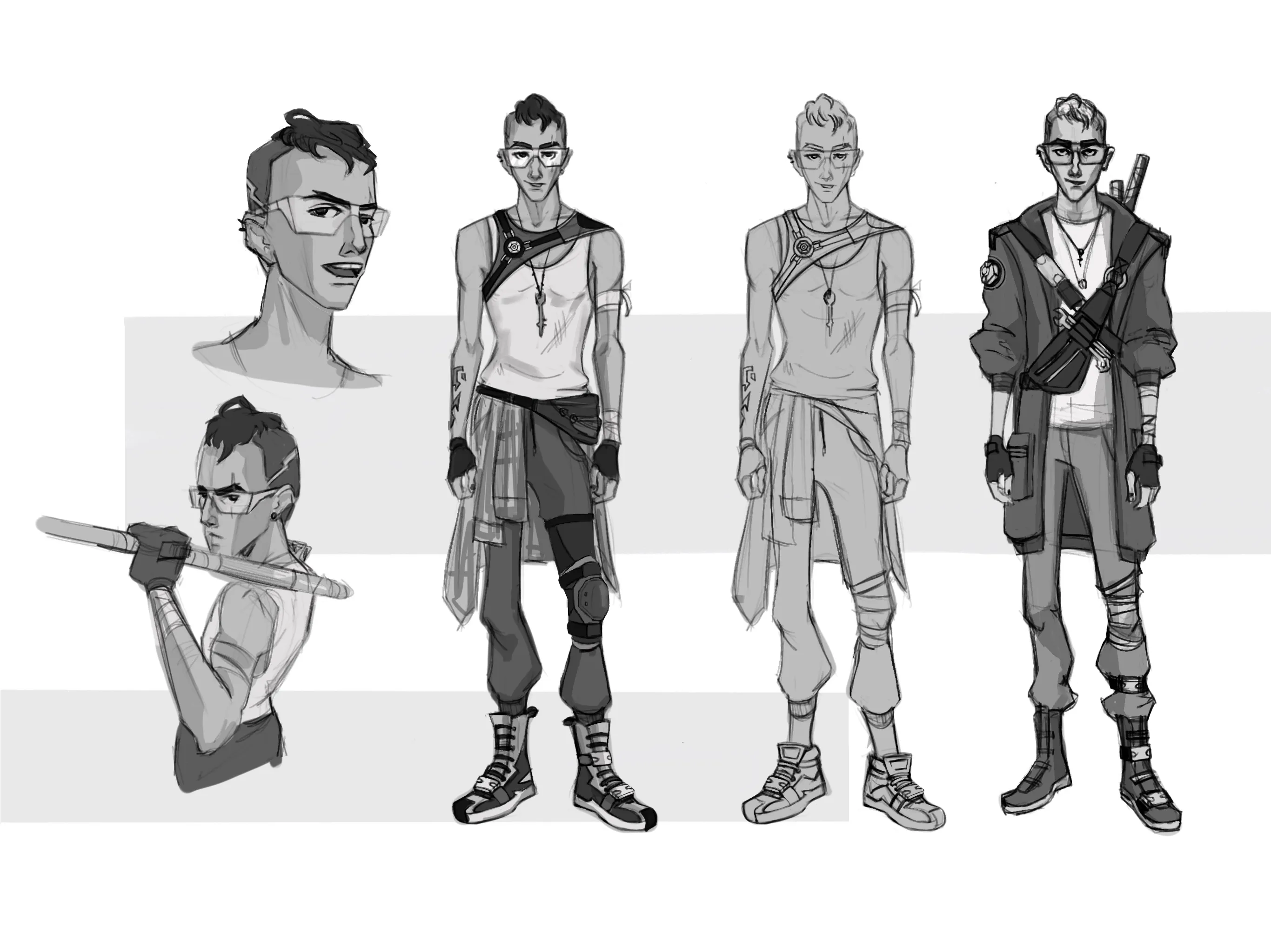 A grayscale male character sheet with portraits, costume studies, and poses.