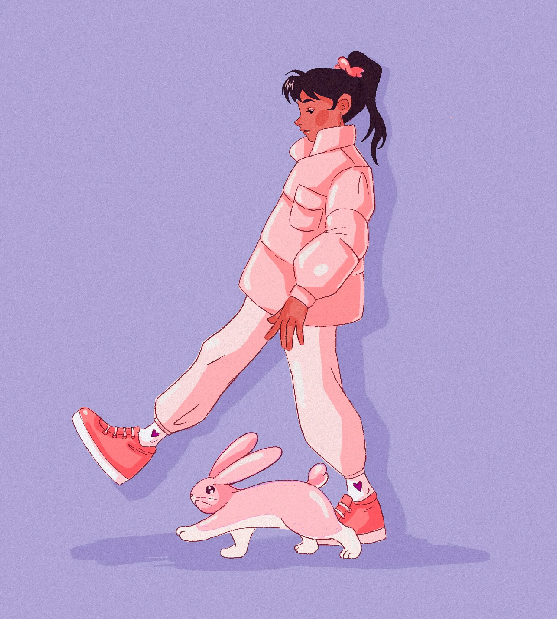 A woman wearing pink walks with a pink rabbit on a lavender background.