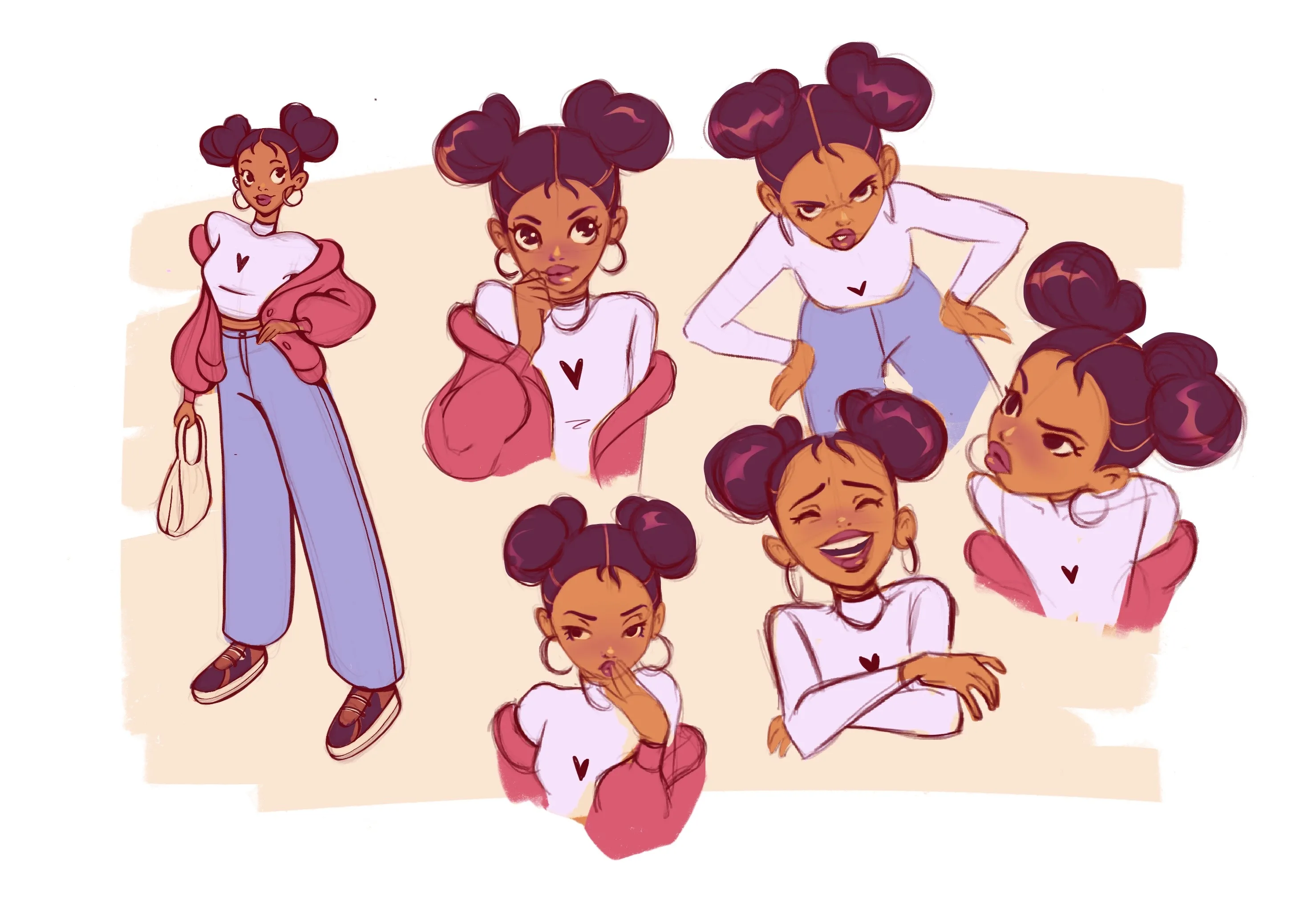A color character sheet showing a woman in a pink jacket and expressive poses.