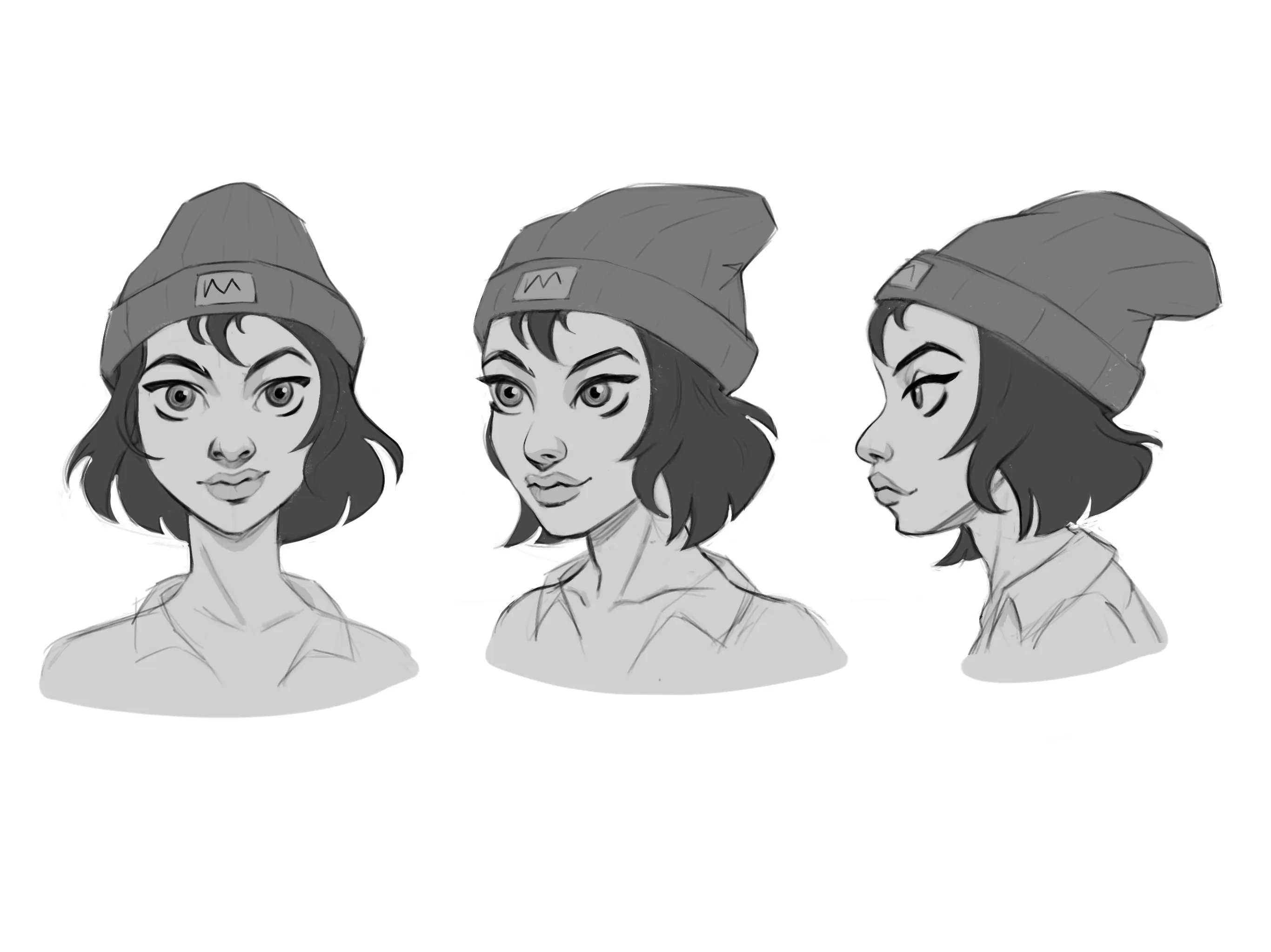 Grayscale portraits of a woman wearing a beanie, seen from three angles.