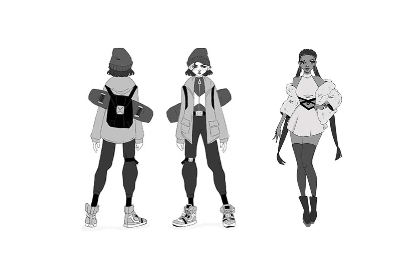 Atalanta and Aphrodite character designs in grayscale.