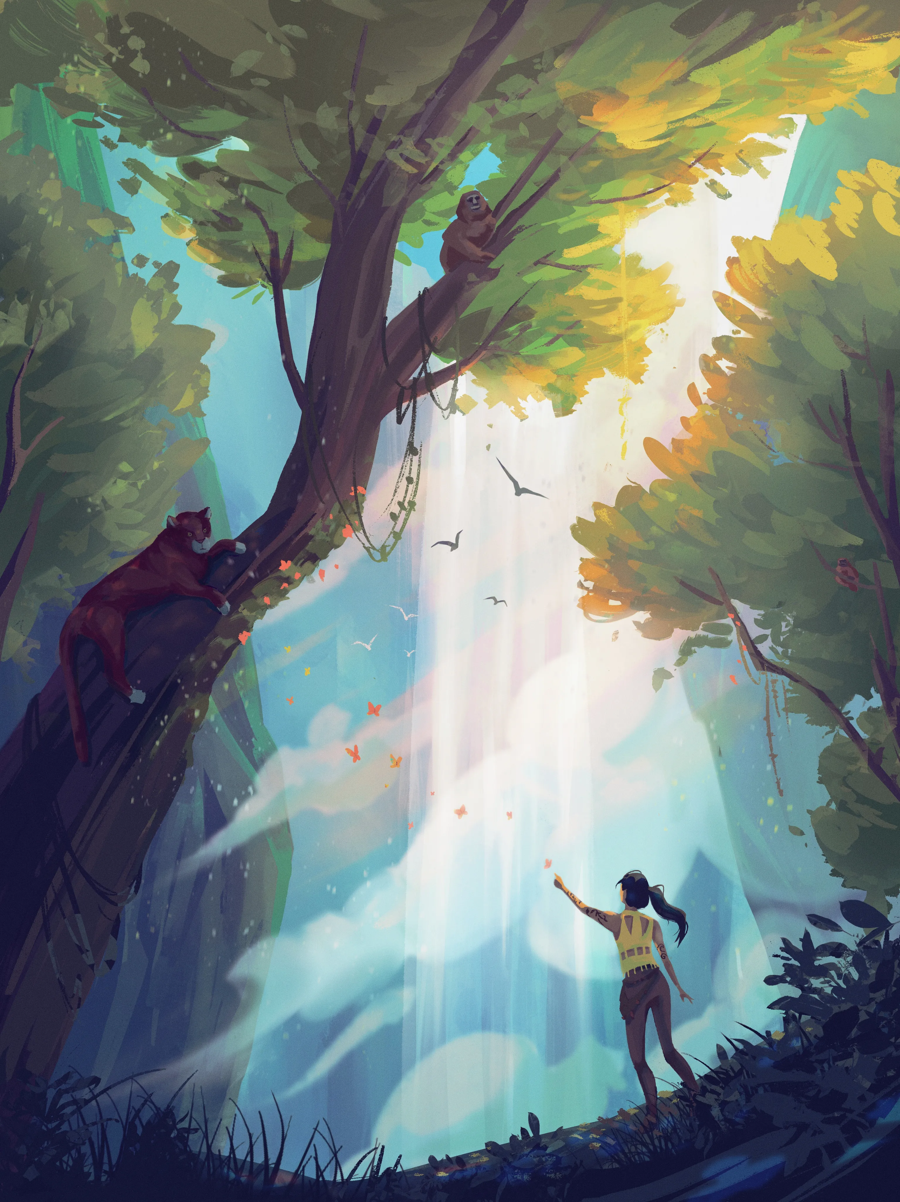 Sunbeams illuminate a lush green forest for Earth Day.