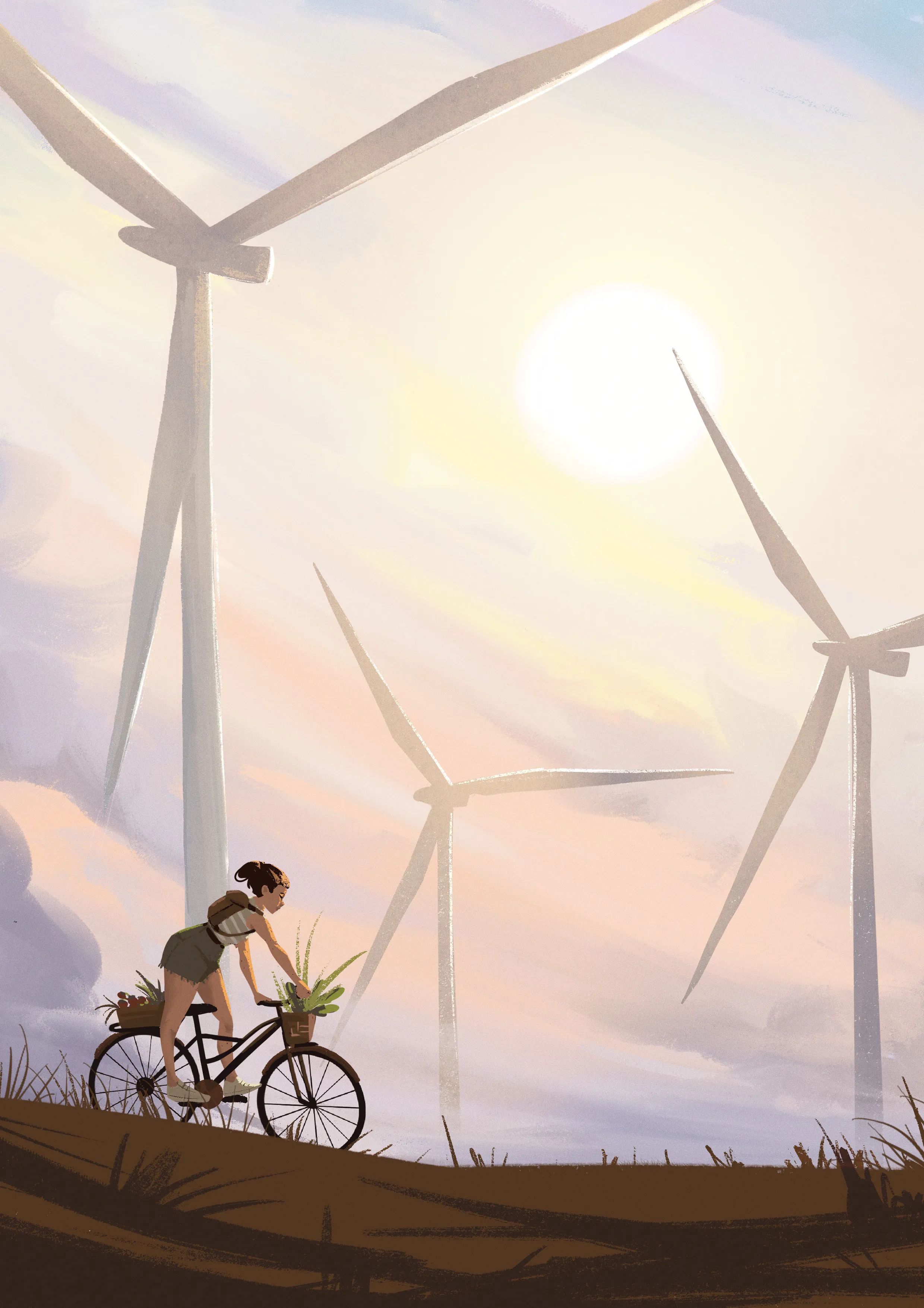 Wind turbines rise above a cyclist in a pastel landscape.