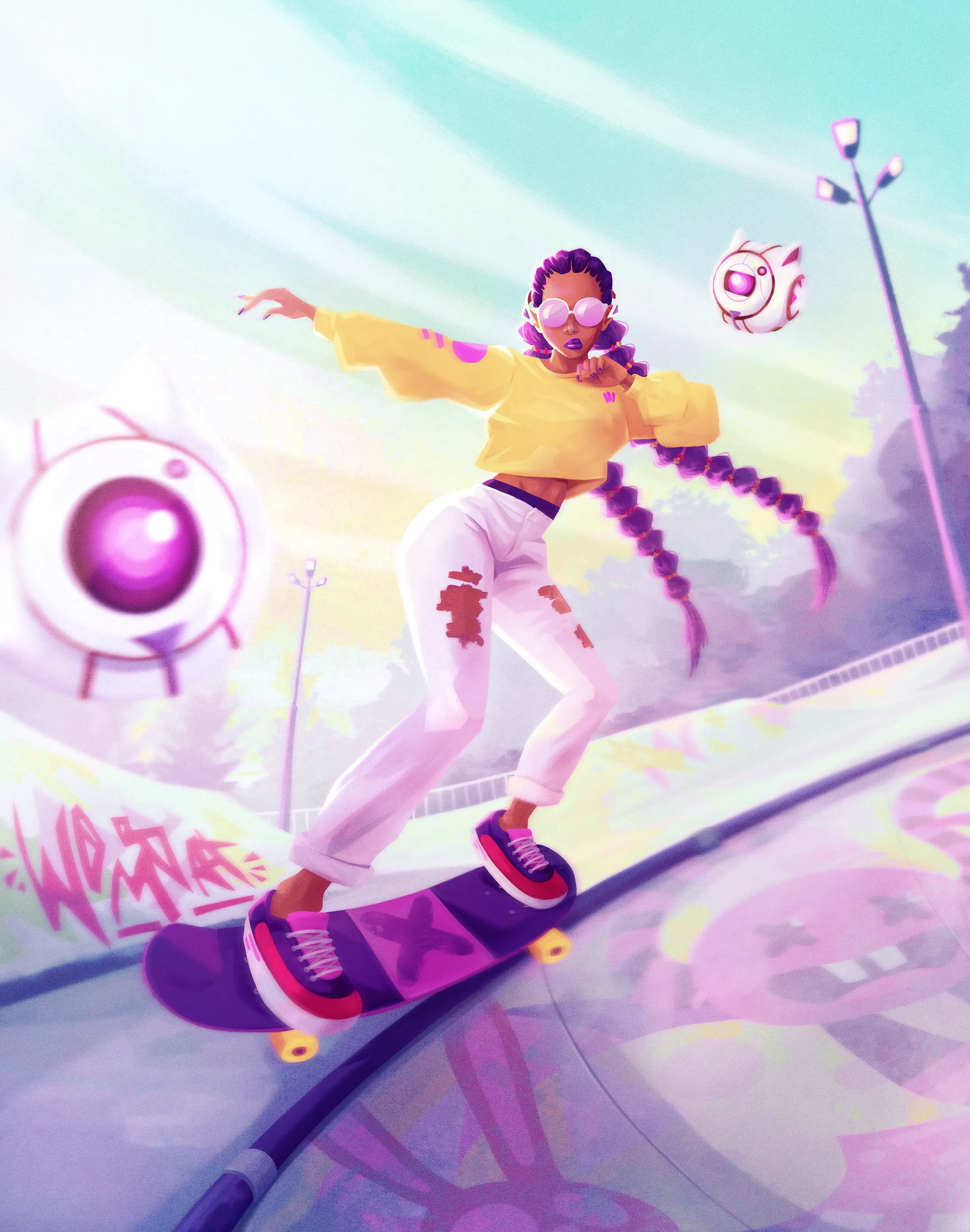 A futuristic skateboarder sweeps through a pink and turquoise city.